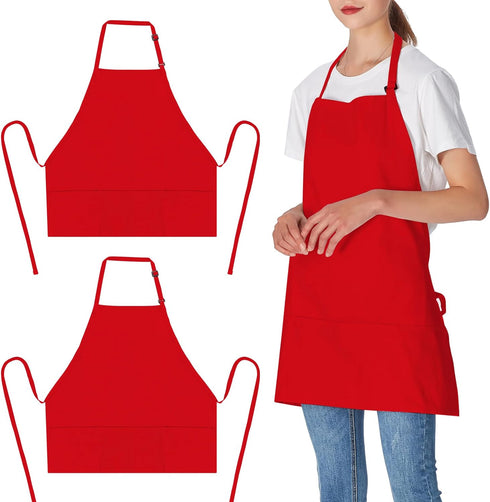 2 Pack 3 Pockets 100% Cotton Adjustable Bib Apron Chef Kitchen Cooking Aprons for Women Men, Red...