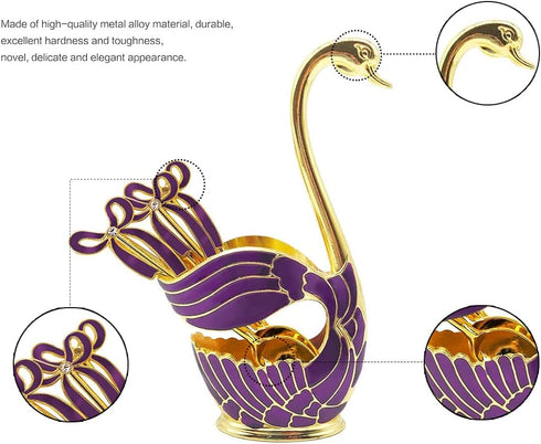 Coffee Spoon Holder, Coffee Dessert Spoon Set Metal Swan Base Holder Spoon Organizer with 6pcs Ice Cream Spoons Coffee Dessert Flatware (Purple)...