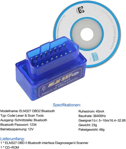 JOYING ELM 327 V2.1 Bluetooth Vehicle Diagnostic Tool OBD2 OBD-II ELM327 Car Interface Scanner Works On Android......