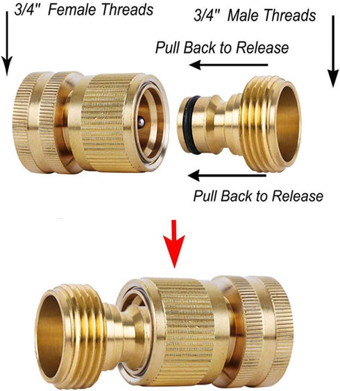 Garden Hose Quick Connectors, Solid Brass 3/4 inch GHT Thread Easy Connect Fittings No-Leak Water Hose Male Female Value Pack (3)...