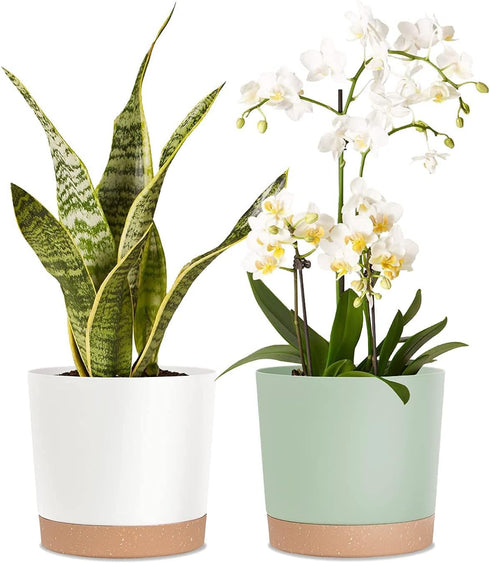 kubvici 8'' Plastic Flower Planter Pots Set of 2 Indoor Outdoor Planters with Drainage Saucer for Garden Home (Green & White, 8 inch)...