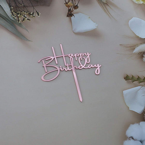 Happy Birthday Cake Topper, Birthday Party Decorations, Mirror Rose Gold Acrylic...