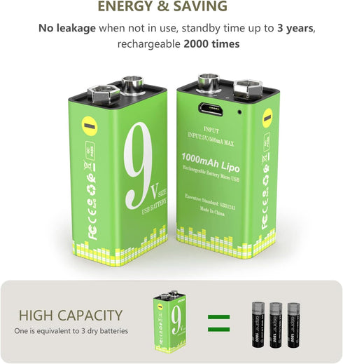 9V Rechargeable Battery Pack,2-Pack 1000mAh Li-ion USB Battery with Micro USB Port for Alarms Fire, Multimeters,Wireless Microphones,Smoke Detecto...