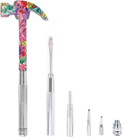 YOUMI 6 in 1 Multifunctional Floral Hammer & Screwdriver Tool Set Claw Hammer with Slotted/Flat Head Phillips Screwdriver Nail Puller Best Christm...