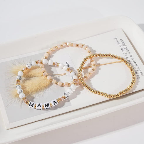 MAMA Bracelet Dainty Gold Crystal Beaded Bracelets Set for Women Stackable 14K Gold Plated Beads Nature Stone Layered Stretch Bracelets Mother's D...