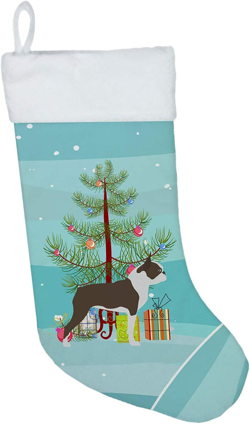 Caroline's Treasures BB2962CS Boston Terrier Merry Christmas Tree Christmas Stocking Fireplace Hanging Stockings Christmas Season Party Decor Fami...