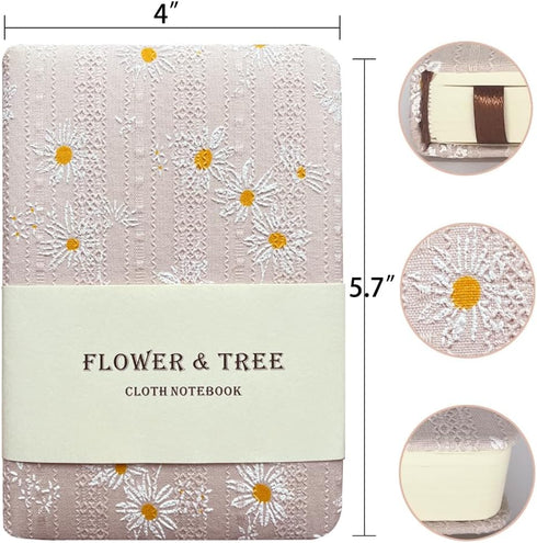 Fabric Pocket Notebook for Women, Daisy Printed Cloth Hardcover Journal, A6, 264 Pages, 4x6 Small Lined Notebook & Blank Sketchbook, Similar Embro...