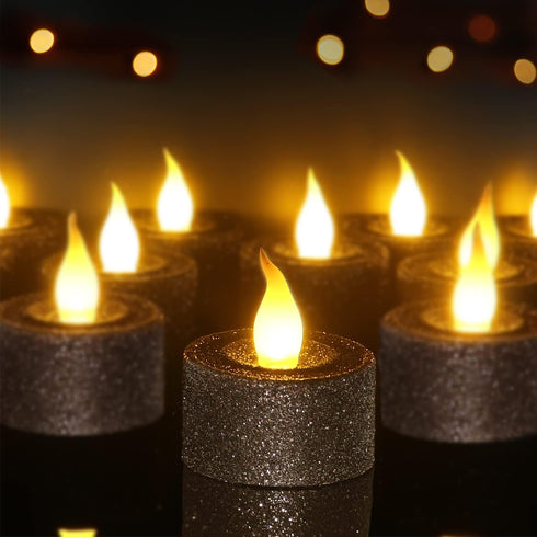 FURORA LIGHTING Black Glitter LED Tealight Candles Pack of 12, Flameless Flickering Tealight Candles for Home Décor, 1.5’’(W) x 1.65’’(H), Battery...