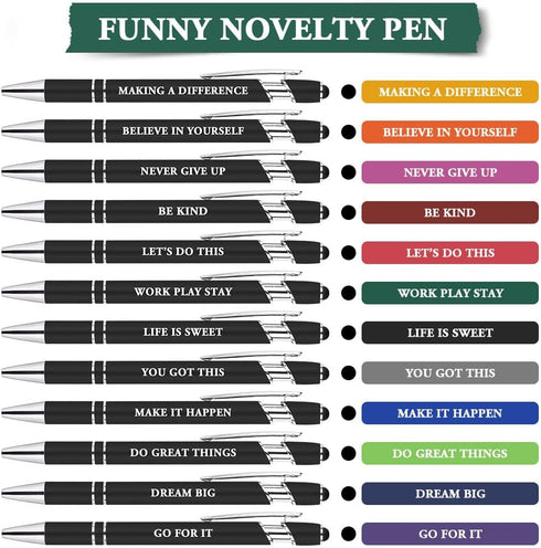 AUAUY 12 PCS Snarky Office Pens, Ballpoint Pens Set with 12 Replacement Refills, 2 in 1 Stylus Pen Stylish Pen, Office Metal Inspirational Pen, Fu...