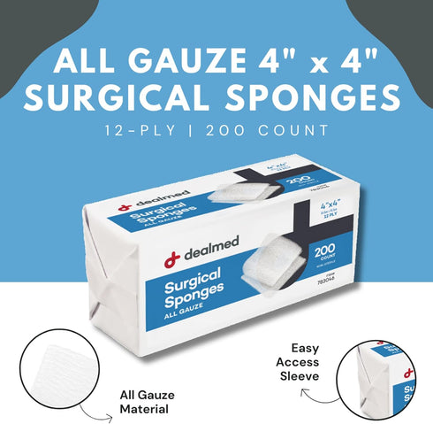 Dealmed 4" x 4" Surgical Sponges, 12-Ply, Absorbent Woven Gauze Pads, Non-Sterile Wound Care for First Aid Kit and Medical Facilities, 200 Count (...