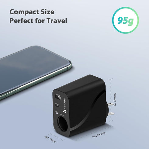 RoyPow AC to DC Converter, 110V/120V to12V Converter, 36W USB C Charger with Car Cigarette Lighter Socket, 3-Ports Wall Charger 18W PD3.0 Travel P...