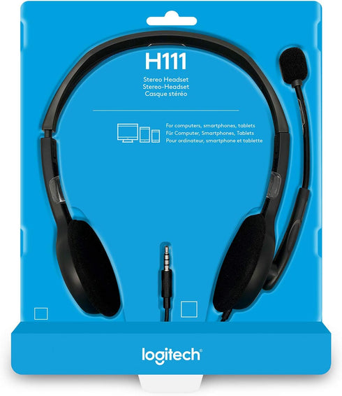 Logitech H111 Wired Headset, Stereo Headphones with Noise-Cancelling Microphone, 3.5 mm Audio Jack, PC/Mac/Laptop/Smartphone/Tablet - Black...