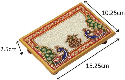 Marble Puja Chowki Rectangle Shape with Peacock Design and Kalash Used to Keep Pooja Items...