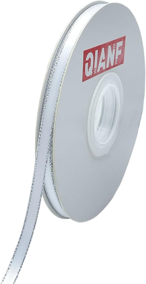 QIANF White Double Face Satin Ribbon with Silver Border for Gift Wrapping, Hair Bows, Wedding Party Decoration, Crafts Sewing, Invitation Cards, F...