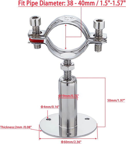 2PCS Wall Mount Ceiling Mount Pipe 304 Stainless Steel Pipe Supports Pipe Standoff Adjustable Height 30-60mm?1.18"-2.36"?for OD Pipe 15-19mm(0.59-...