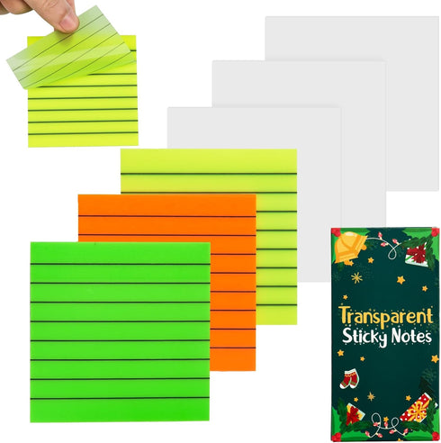 Transparent Sticky Notes with Christmas Gift Box, 6 Pads 3x3 Inch Bright Lined & White Clear Translucent See Through Post Waterproof Self-Adhesive...