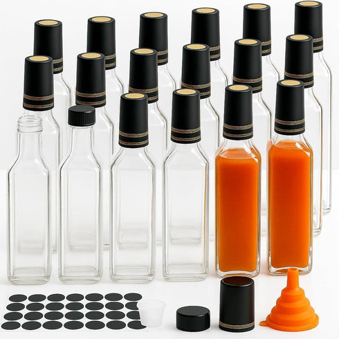 WERTIOO Hot Sauce Bottles 18-Pack 8.5oz Glass Bottles with Caps - Square Hot Sauce Containers for Homemade Chili Oil, Vinegar, BBQ - Empty for Liq...