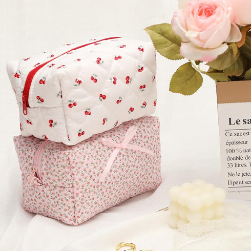 Quilted Makeup Bag, Floral Cosmetic Bag Cute Handmade Aesthetic Pink Toiletry Bag Flower Coquette Accessories Cotton Pouch for Women?Pink Medium?...