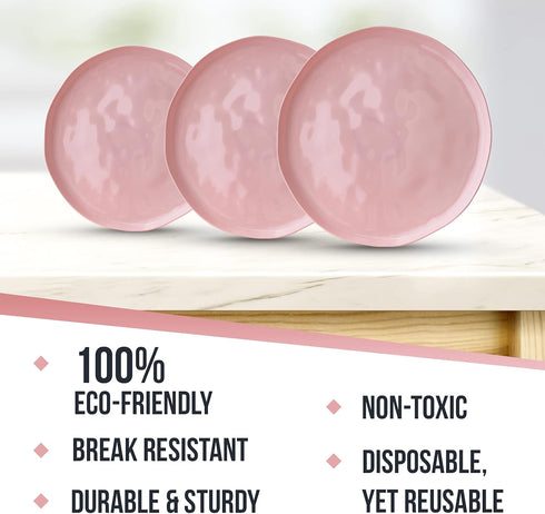 SILVER SPOONS Pink Plastic Appetizer Plates for Party, (10 PC) Heavy Duty Disposable Dinner Set, 9”, Fine China Look Dishes, Great for Baby Shower...