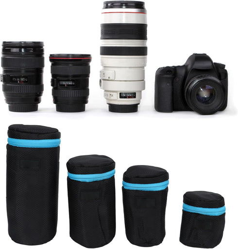 4Pcs Camera Lens Pouch, DSLR Camera Lens Pouch Neoprene Waterproof Lens Bag Zipper Bag with Metal Hook for Camera Lens...