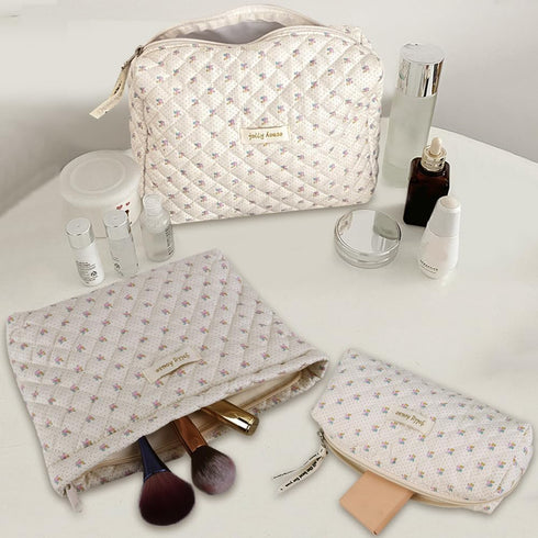 3PC Cotton Makeup Bag Floral Makeup Bag Aesthetic Makeup Bag Cosmetic Bags for Women Makeup Organizer Bag Storage Bag Set...