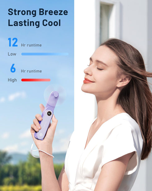 SWEETFULL Portable Handheld Mini Fan with LED Display, 2-in-1 Personal Foldable USB Rechargeable Hand Held Fan & Flashlight for Travel, Lash Eyela...