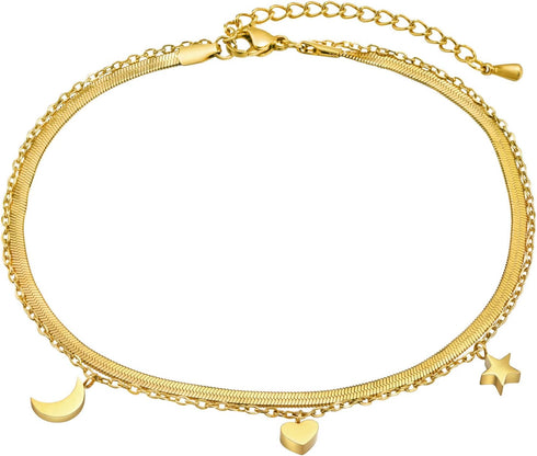 MengPa Women Dainty Anklet,Gold Plated Double Layered Summer Dainty Boho Beach Foot Chain (Star-Heart-Moon) US4618A...