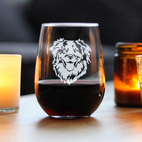 Australian Shepherd Face - Stemless Wine Glass - Unique Dog Themed Decor and Gifts for Lovers of Aussies - Large 17 Ounce...