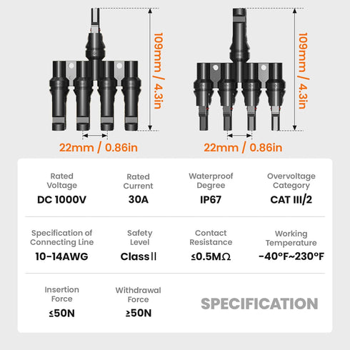 Solar Panel Connector Solar Y Branch 4 to 1 Solar Panel Splitter 4 Way 1000V Y Branch Solar Panel Parallel Connectors for Parallel Connection Sola...