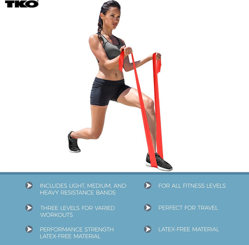 TKO Resistance Bands Set - 3 Pack - Flat Elastic Exercise Gear for Women, Men - Fitness, Workout, Light, Medium, Heavy Levels...
