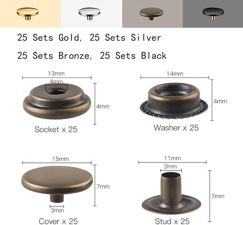400Pieces (100 Sets) Leather Snap Fastener Kit Tool 5/8inches (15mm) Snap Button kit Snaps for Leather Anti-Rust Fasteners for Bag, Jeans, Clothes...