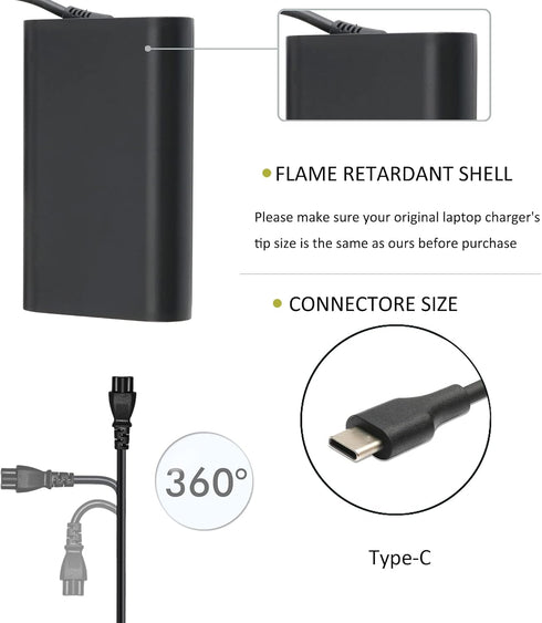 65W USB Type C AC Power Adapter Laptop Charger for Dell XPS 13 9380 9370 9365 9360 9350, Latitude 7370 7280 7480 5480 7275 5290 7490 Dell LA65NM17...