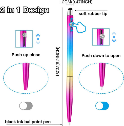2 in 1 Ballpoint Pen with Stylus Tip Diamond Pen Fine Point Pens with Ink Pens with Stylus Tips 0.7mm Chinese Pens Black Ink Pens Rainbow Colors B...