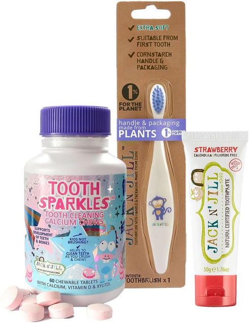 Jack N' Jill Brushing Essentials Combo Pack: Tooth Cleaning Chews, Natural Certified Strawberry Toothpaste & Kids Toothbrush - Packed with Vitamin...