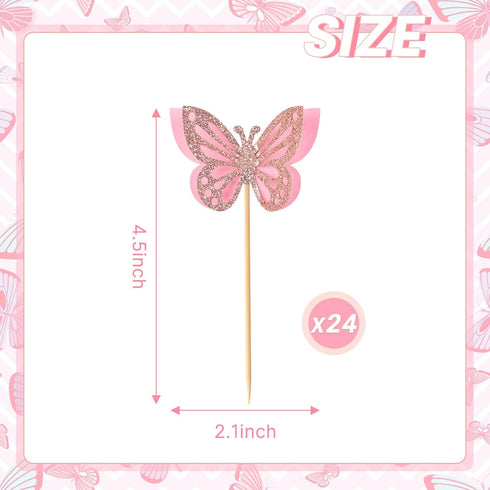 Butterfly Cupcake Toppers, 24 PCS Pink, Paper & Bamboo, Party Decoration, Kids Birthday, Baby Shower, Wedding, Anniversary, Non-Edible...