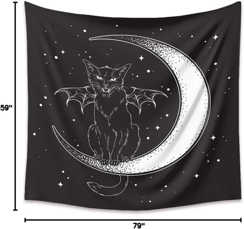DYRLHZ Black and White Wing Cat on Moon Tapestry, Creepy Hippie Spooky Monster Wall Hanging Tapestry, for Living Room Bedroom Home Decor (59'' x 7...