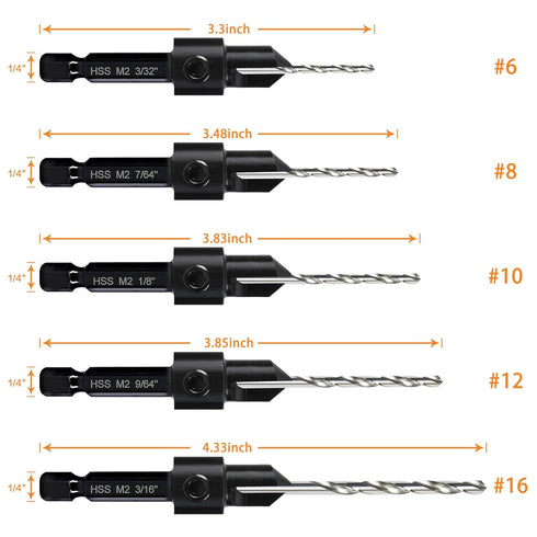 5-pc Woodworking Countersink Counterbore Drill Bit Set 3in1 for #6 8 10 12 16 Screws, M2 Pilot Drill Bits Adjustable Depth, 82-Degree Chamfer with...