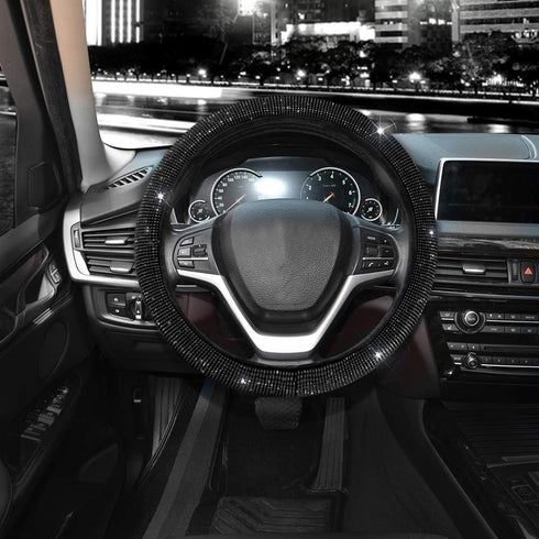 Valleycomfy Steering Wheel Cover for Women Men Bling Bling Crystal Diamond Sparkling Car SUV Wheel Protector Universal Fit 15 Inch (Black with Bla...