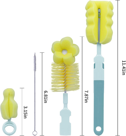 Baby Bottle Brush - 4 in 1 Bottle Scrubber Cleaner Brushes Set, Sponge Milk Water Brush Kit, includes Baby Bottle Cleaner Brush, Nipple Brush & St...