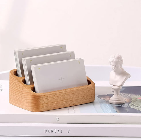 Wood Business Card Holder Desk 3 Grids Wooden Business Card Display Stand for Office and Home(3 Packs)...