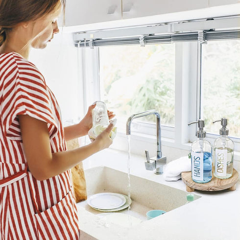 JASAI 2Pack 18OZ Glass Soap Dispenser with Rustproof 304 Stainless Steel Pump, Kitchen Soap Dispenser with Hands & Dishes Label, Refillable Dish S...