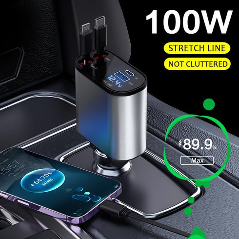 Retractable Car Charger 4 in1 Fast Car Phone Charger 100W USB C Car Charger Adapter (2.6Ft) and 2 USB Ports Car Fast Charger (Type c+a)...