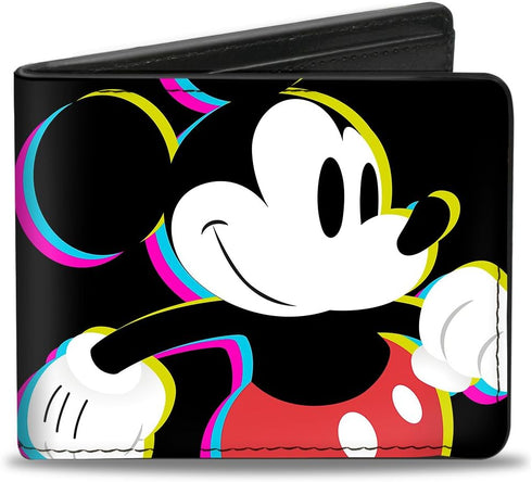 Buckle-Down Men's Disney Wallet, Bifold, CMYK Mickey Mouse Walking Pose Pixel Text Black Multi Neon, Vegan Leather, Multicolor, Standard Size...
