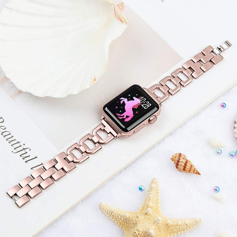 OULUCCI Compatible Apple Watch Band 44mm 42mm 45mm 49mm Women Iwatch Gold Series 9 8 7 6 5 4 3 2 1 Stainless Steel Wristband D-Shape Strap Rose Go...