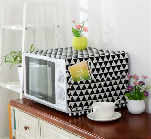 Microwave Oven Cover Dust Oil Proof Cloth with Storage Pockets Cotton Linen Kitchen Toaster Appliance Protector (Black triangle)...