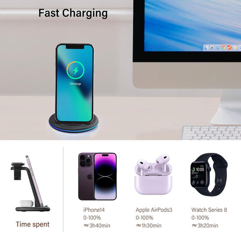3 in 1 Wireless Charger for iPhone, Fast Charger Stand Dock for Multiple Devices, Wireless Charging Station for iPhone 15/14/13/12/SE/X/XR/XS, iWa...