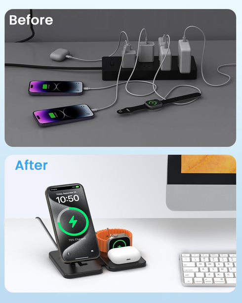 JoyGeek Magnetic Wireless Charging Station for Apple Devices, 3 in 1 Foldable Charger Stand for MagSafe,Compatible with iPhone 15/14/13/12 Series,...