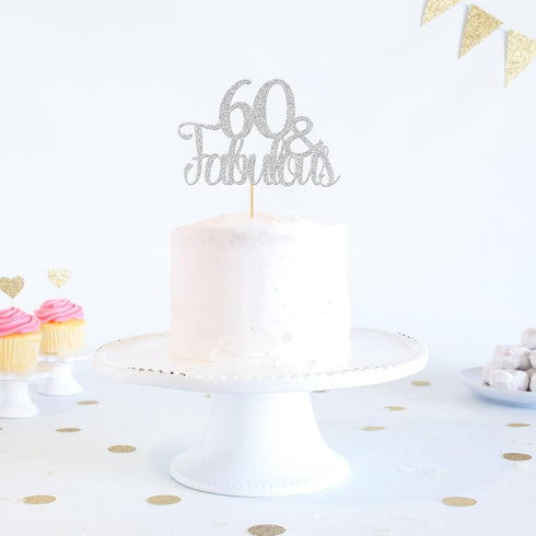 Silver Glitter 60 & Fabulous Cake Topper - 60th Birthday / 60th Anniversary Cake Decoration, 60th Anniversary Party / 60th Birthday Party Decorati...