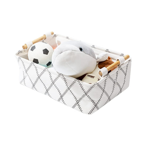 Decorative Collapsible Rectangular Fabric Storage Bin Organizer Basket with Wooden Handles for Clothes Storage,15.4x10.6x5.1 inch,White...
