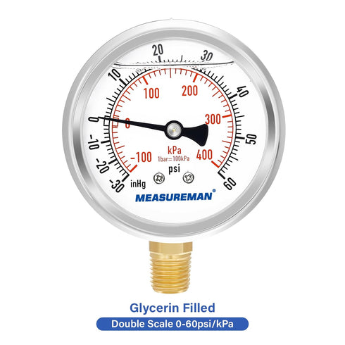 MEASUREMAN 2-1/2" Dial Size, Glycerin Filled Pressure Gauge, 30inHG-60psi, 304 Stainless Steel Case, 1/4"NPT Lower Mount...